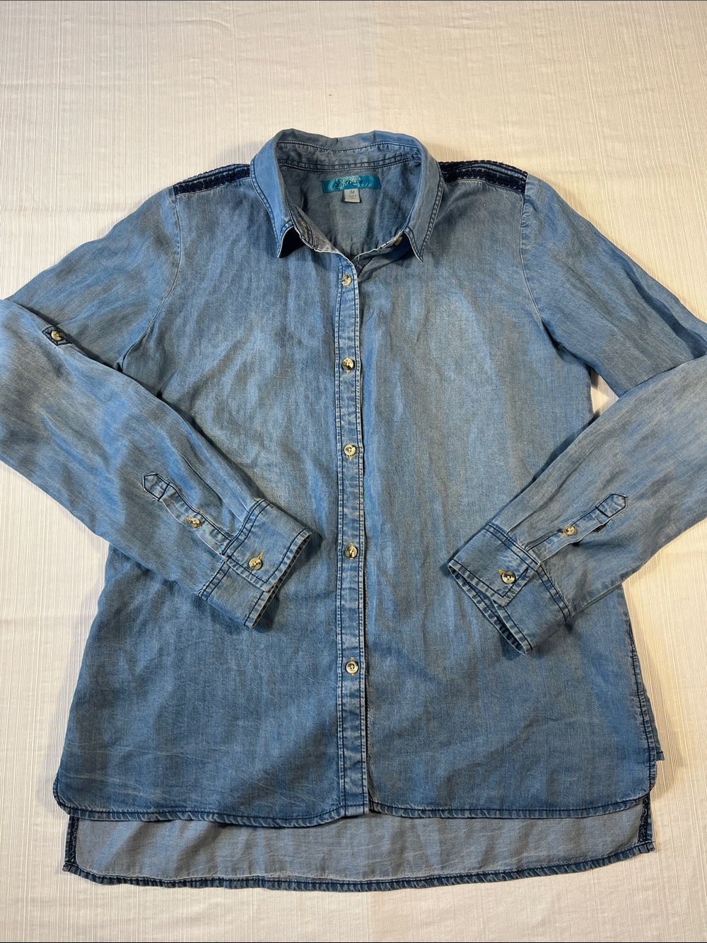 Embroidered Blue Button Down Long Sleeve Shirt